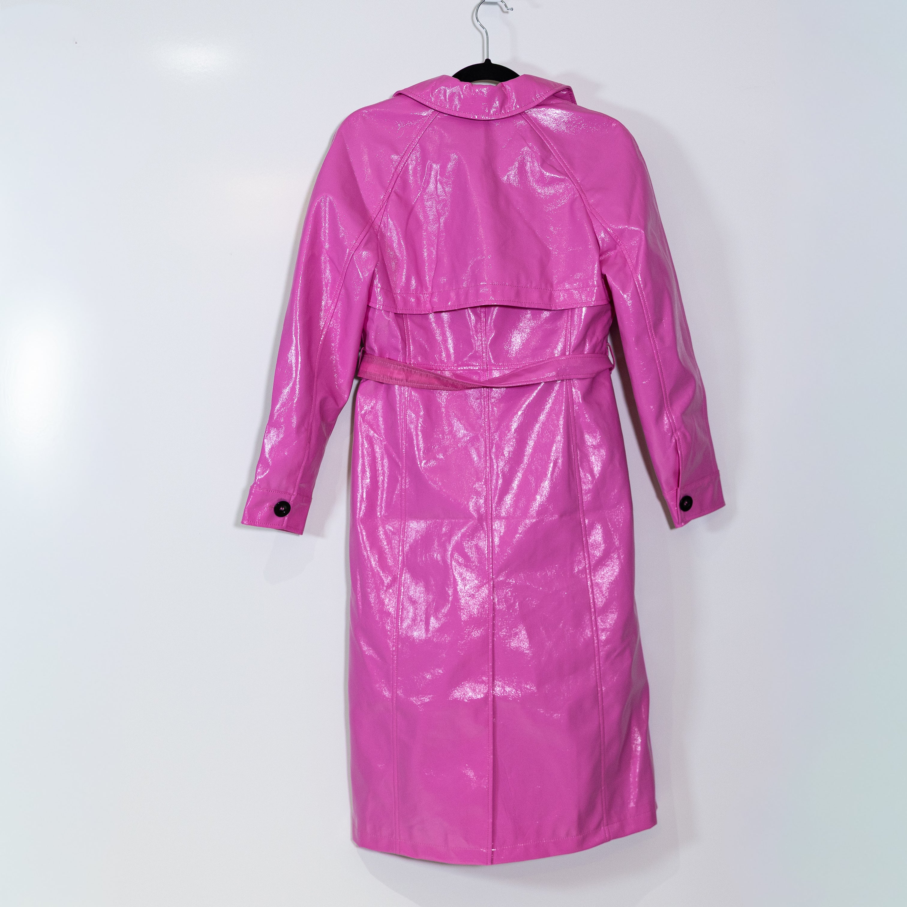 Miss Selfridge Vinyl Faux Leather Double Breasted Belted Trench Coat Bright Pink