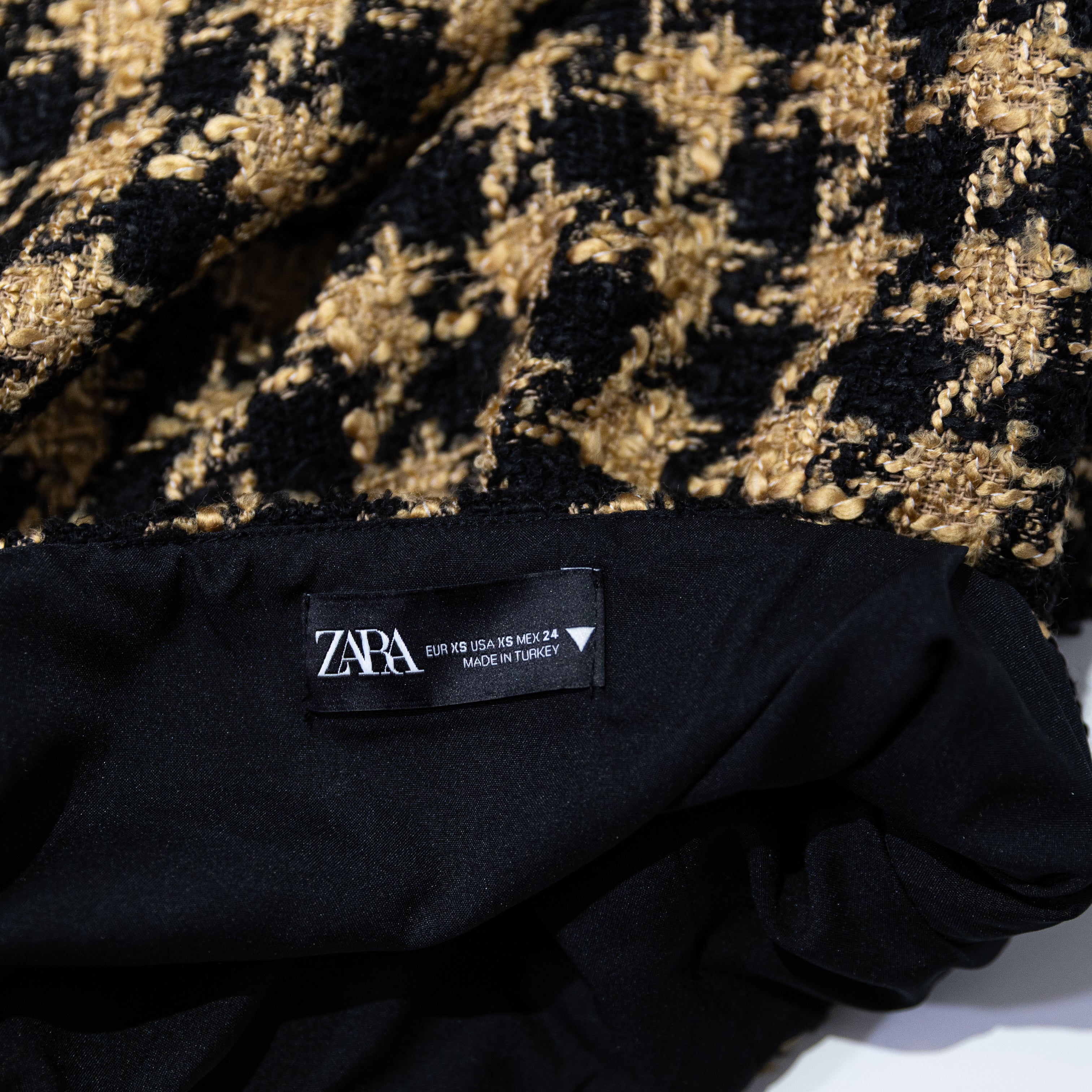 Zara Black Brown Houndstooth Textured Knit Woven Mini Skirt XS