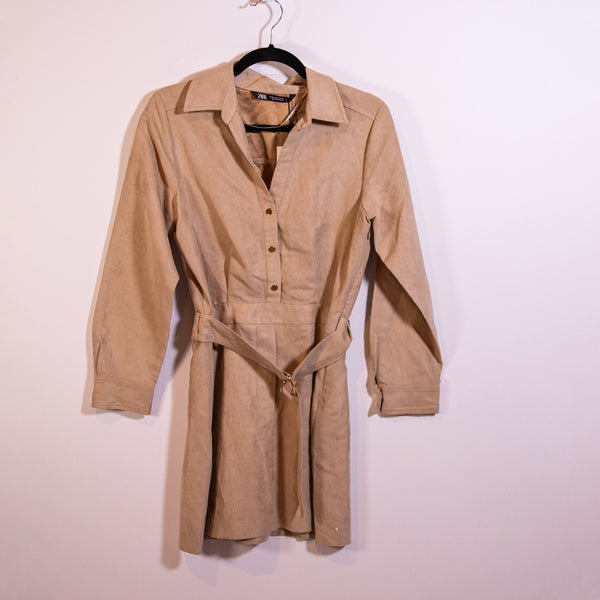 NEW Zara Faux Vegan Suede Microfiber Collared Button Front Belted Mini Dress M