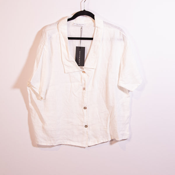 NEW Bryn Walker Ester Lightweight Linen Button Collared Short Sleeve Blouse Top