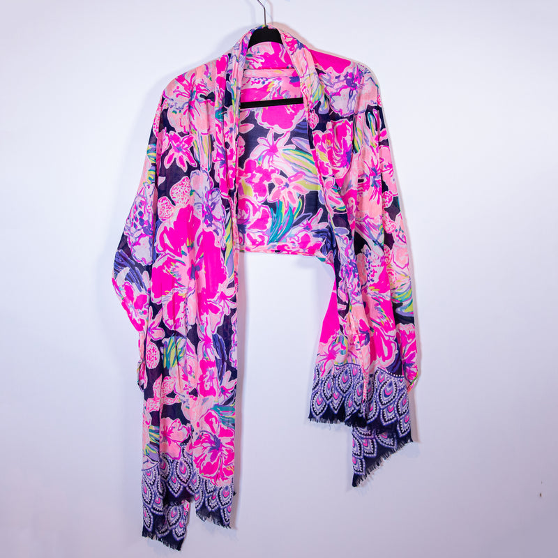 Lilly Pulitzer Cotton Blend Scarf Wrap Shawl Bright Navy Tipping Point Print