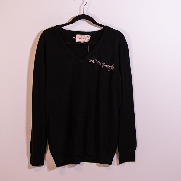 NEW Lingua Franca We The People Embroidered Cashmere Knit Stretch Sweater Black