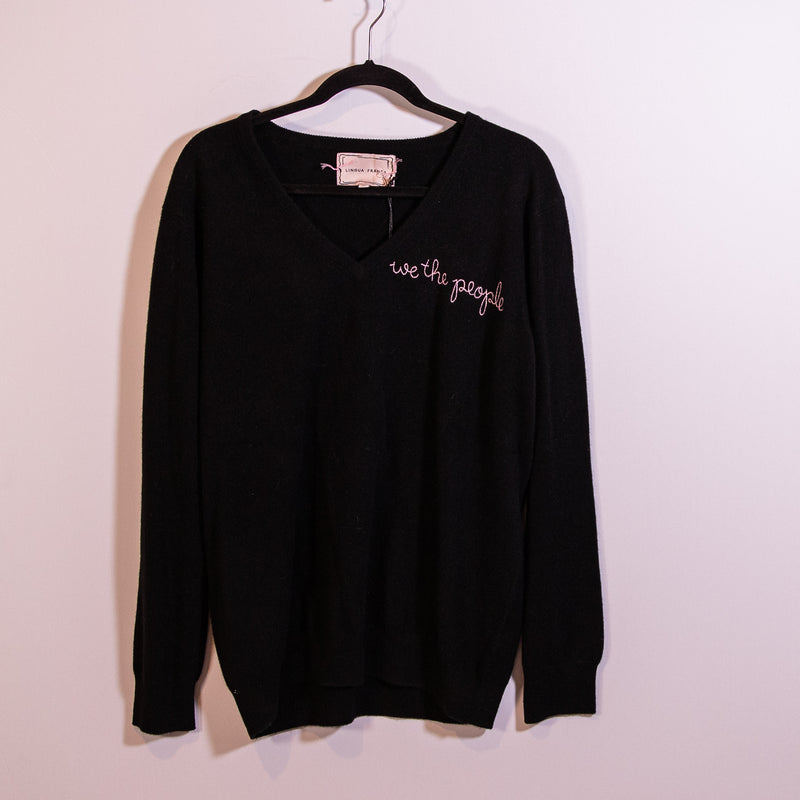 NEW Lingua Franca We The People Embroidered Cashmere Knit Stretch Sweater Black