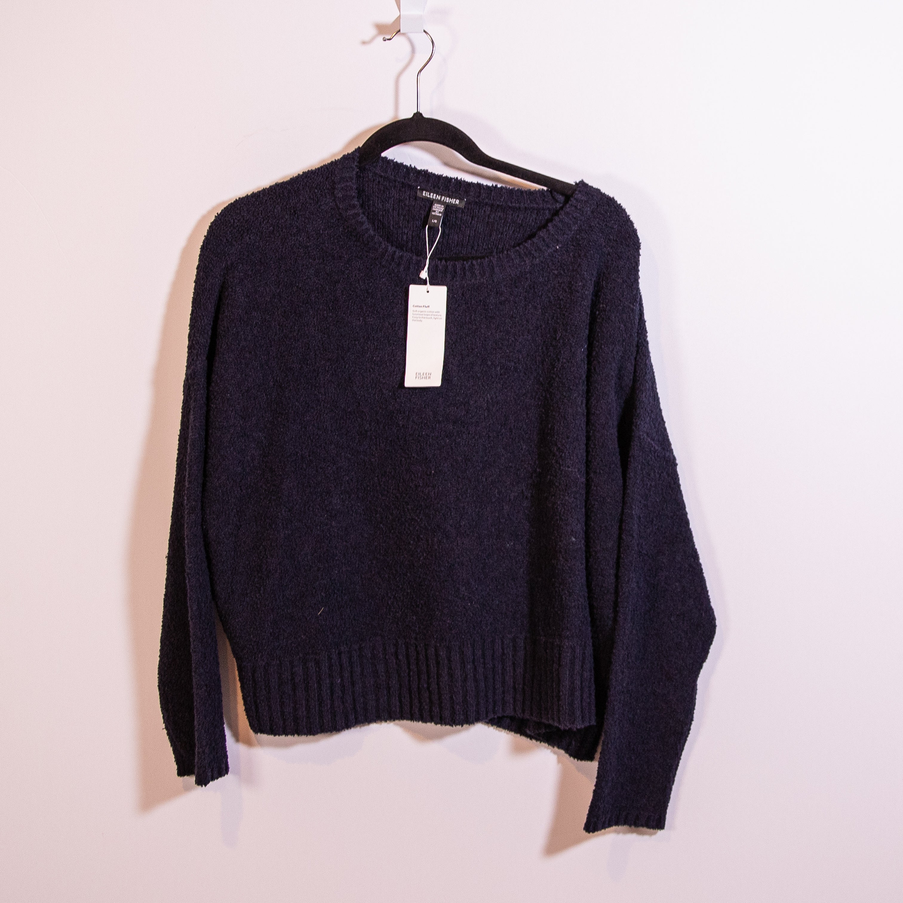 NEW Eileen Fisher Cotton Fluff Crew Neck Pullover Knit Stretch Sweater Top Black