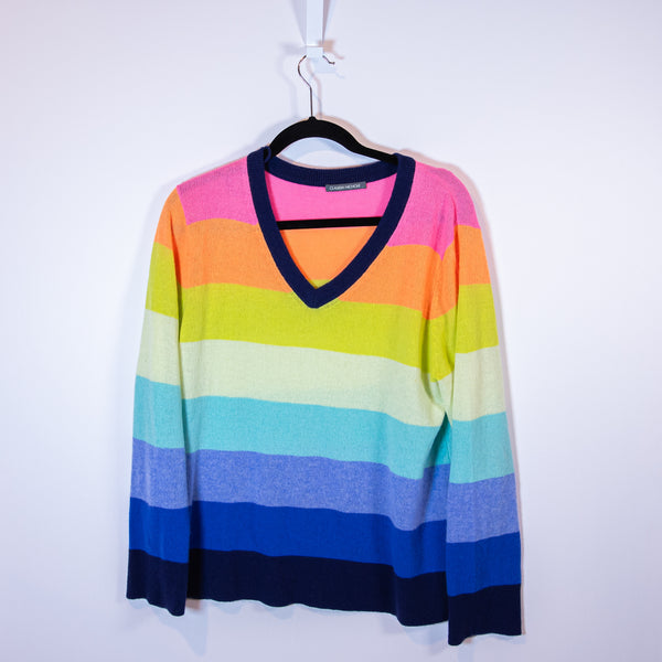 Claudia Nichole 100% Cashmere Knit V Neck Long Sleeve Pullover Rainbow Sweater L