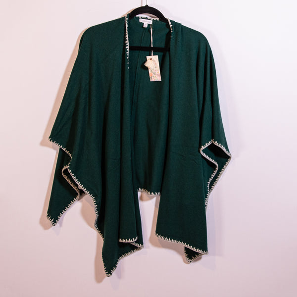 NEW Johnny Was Gwen Wool Cashmere Knit Whipstitch Shawl Wrap Sweater Green OS