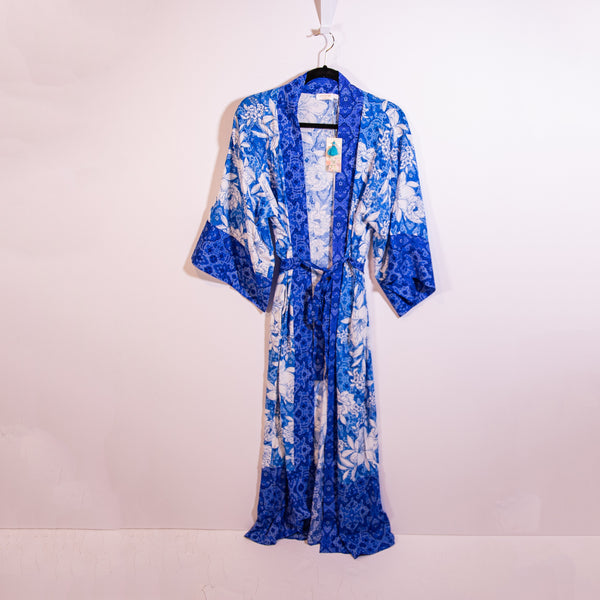 NEW Johnny Was Clio Mix Kimono Open Front Cardigan Robe Blue White Floral Print