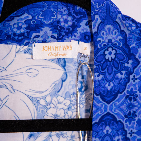 NEW Johnny Was Clio Mix Kimono Open Front Cardigan Robe Blue White Floral Print