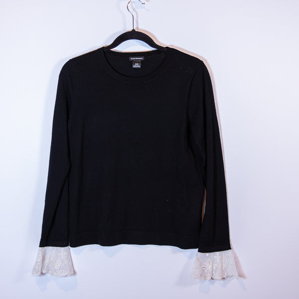 Club Monaco Wool Knit Stretch Eyelet Lace Bell Sleeve Pullover Sweater Black M