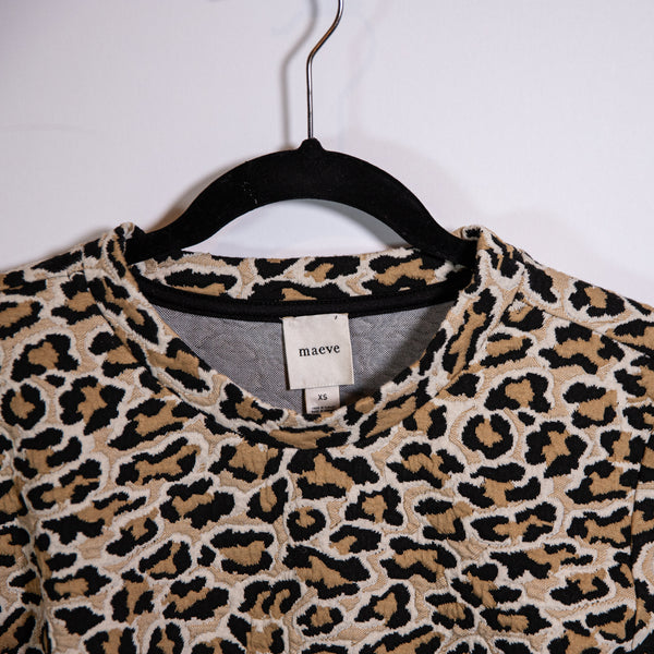 NEW Maeve Anthropologie Knit Boxy Tee Cheetah Leopard Jacquard Print Shirt XS