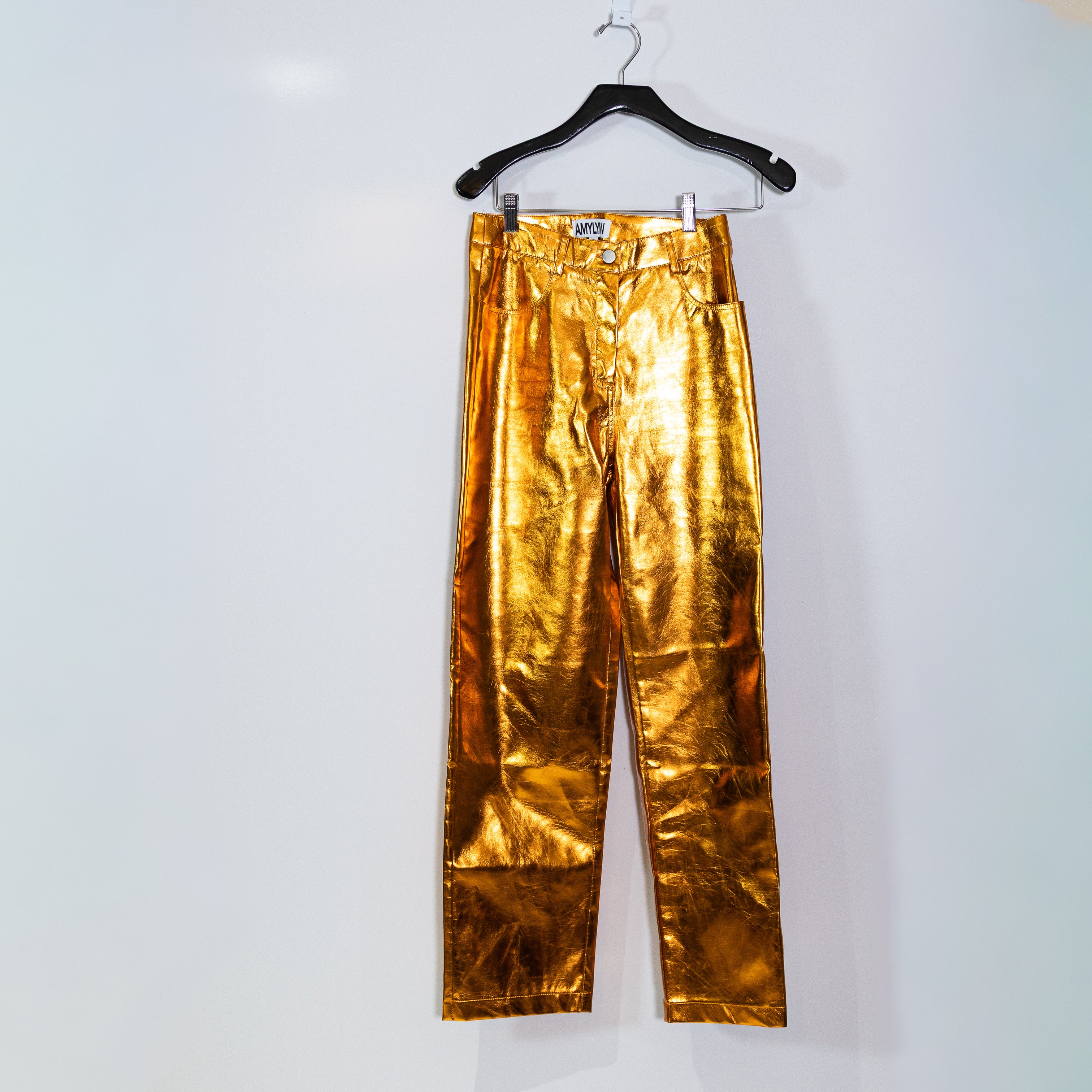 Amy Lynn Faux Vegan Leather Shiny Metallic Straight Leg Pants Bronze Small