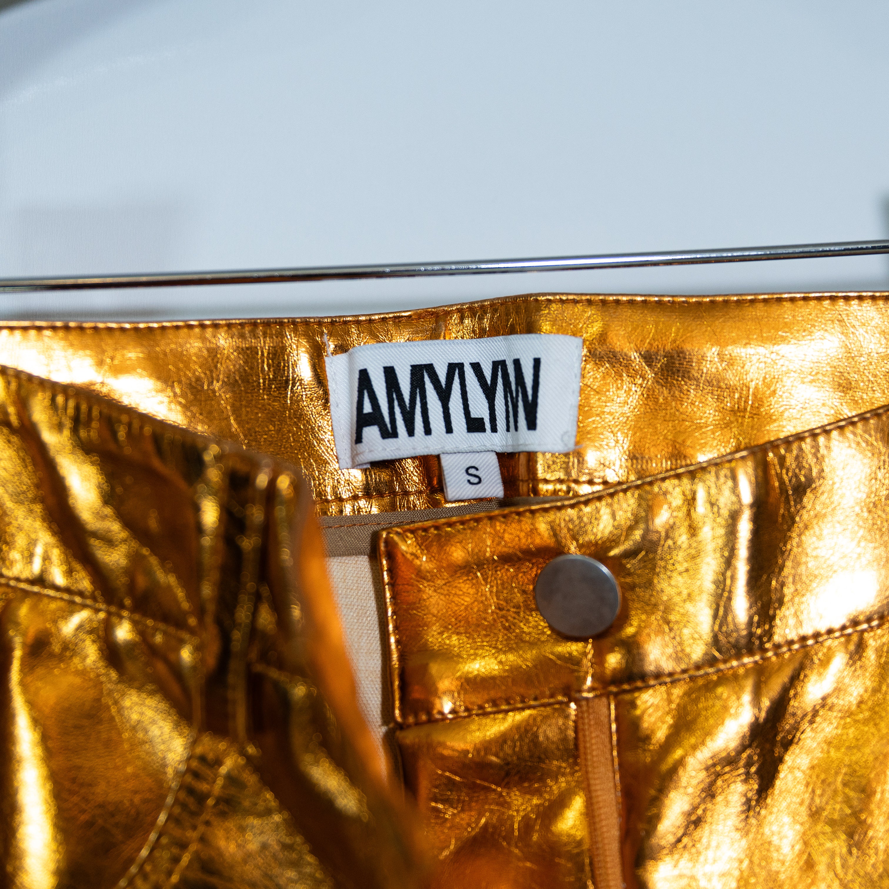 Amy Lynn Faux Vegan Leather Shiny Metallic Straight Leg Pants Bronze Small