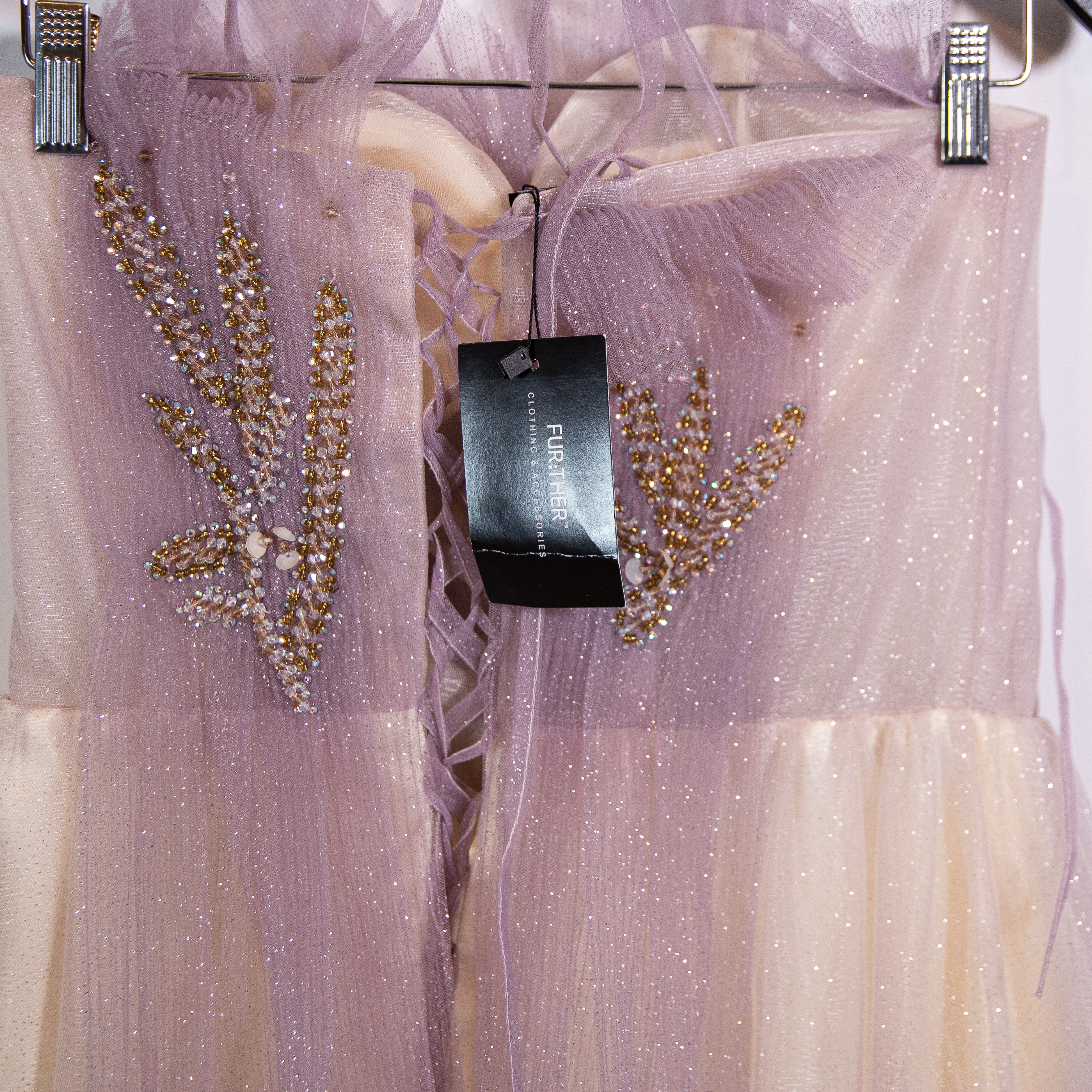 NEW Fur:Ther Tulle Mesh Sparkle Crystal Beaded Embellished Cocktail Dress Purple