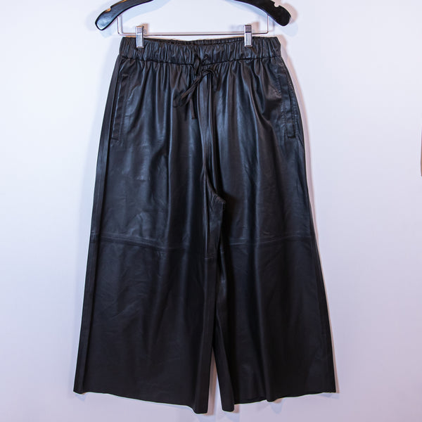 Yves Salomon Genuine Leather Mid Rise Tie Waist Wide Leg Crop Pants Black 38