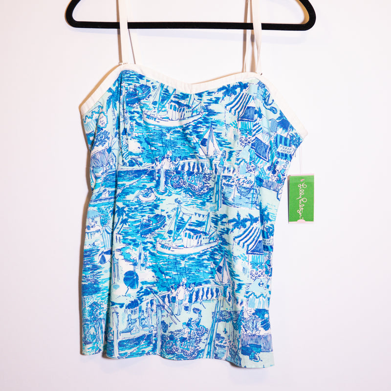 NEW Lilly Pulitzer Marianne Top Poplin Print Aquamarine Catch Of The Day Toile