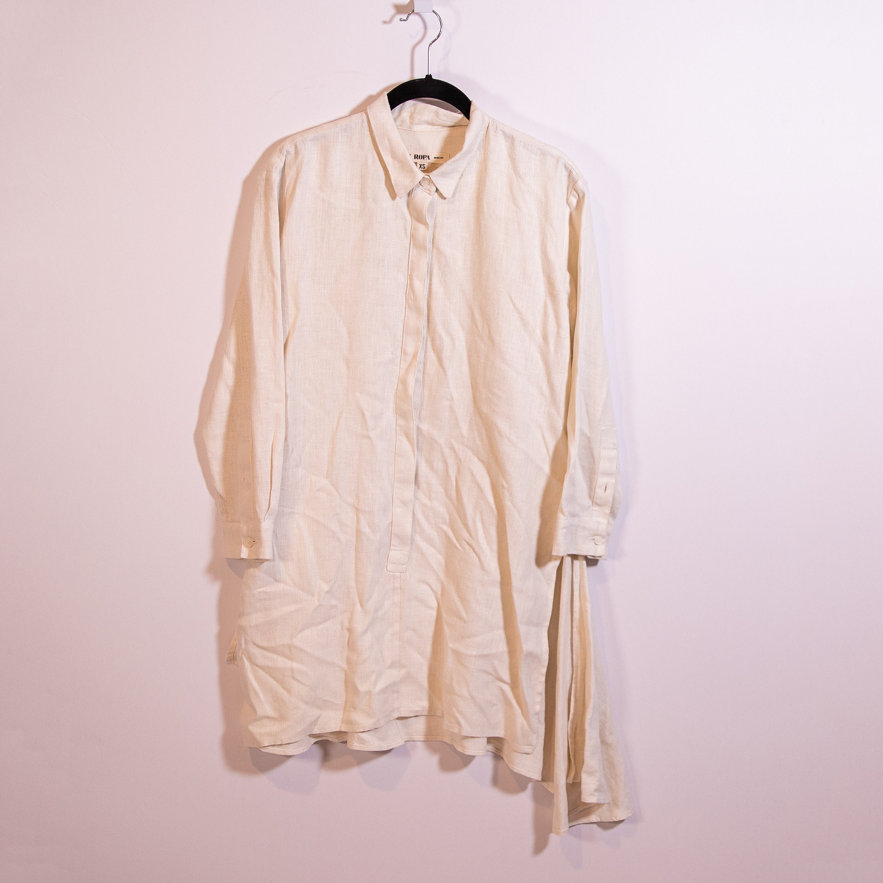 Zii Ropa Linen Collared Button Front Ruffle Detail Midi Dress Ivory XS