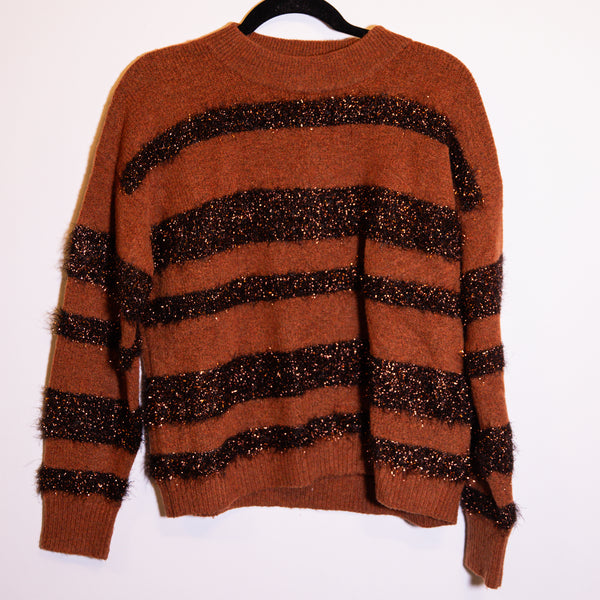 NEW Madewell Tinsel Sparkle Stripe Knit Stretch Crew Neck Pullover Sweater Brown