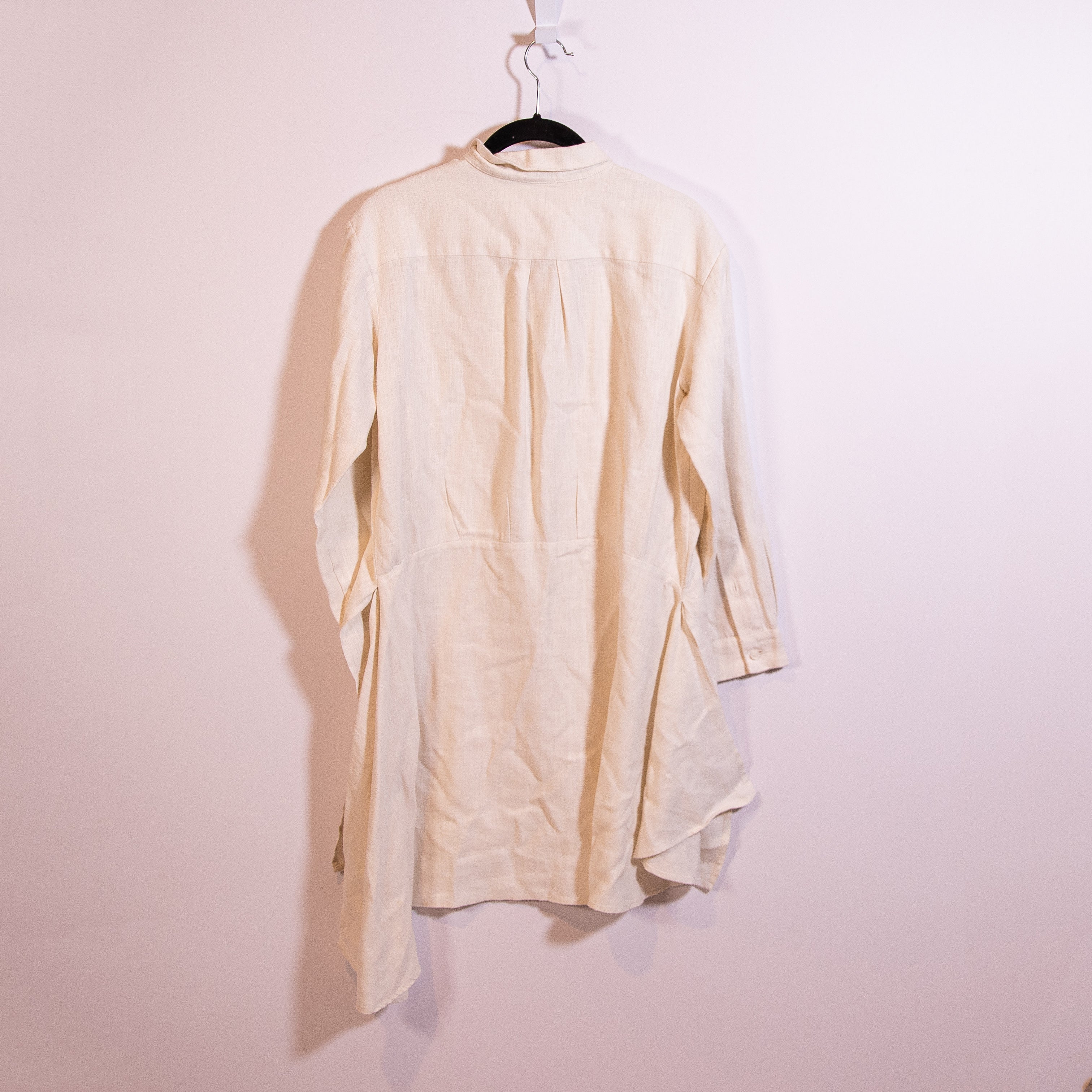 Zii Ropa Linen Collared Button Front Ruffle Detail Midi Dress Ivory XS