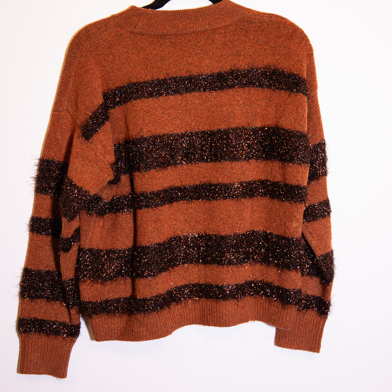 NEW Madewell Tinsel Sparkle Stripe Knit Stretch Crew Neck Pullover Sweater Brown