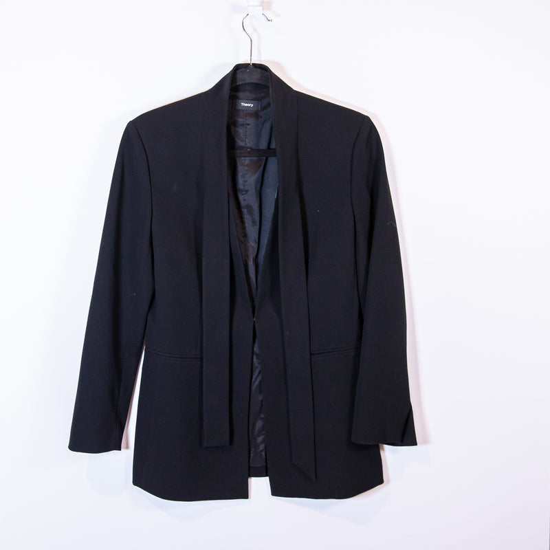 Theory Women's Alkrine Admiral Crepe Tie Neck One Button Structured Blazer Black