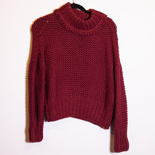 Free People My Only Sunshine Chunky Knit Crew Neck Pullover Sweater Burgundy Red