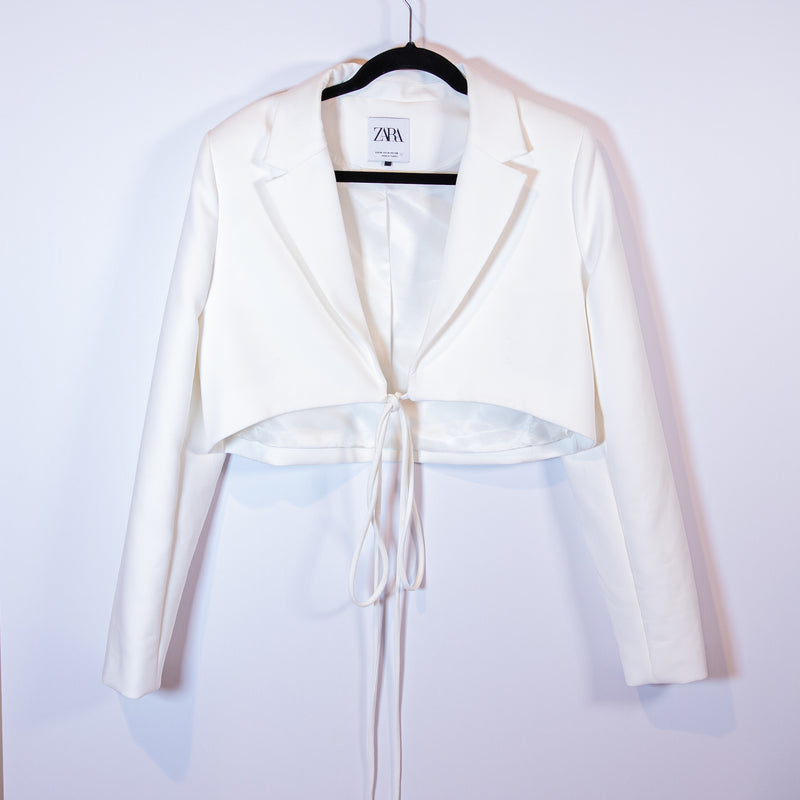 Zara Crepe Structured Open Tie Front Lapel Collar Cropped Blazer Jacket White M