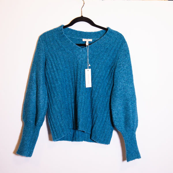 NEW Rebecca Taylor Lofty Alpaca Stretch Knit V Neck Pullover Sweater Teal Blue M