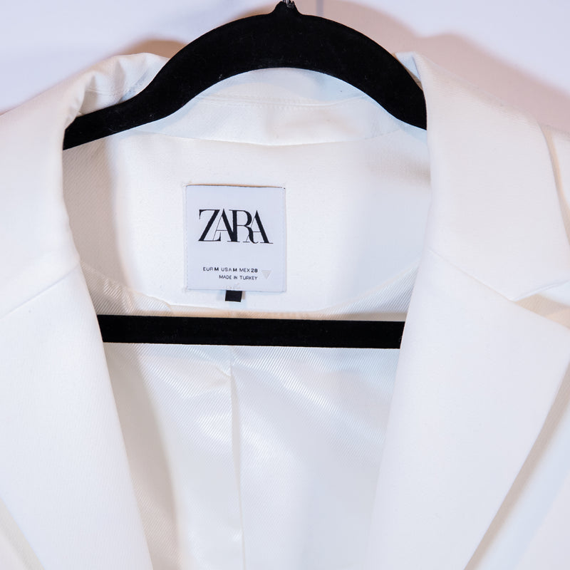 Zara Crepe Structured Open Tie Front Lapel Collar Cropped Blazer Jacket White M