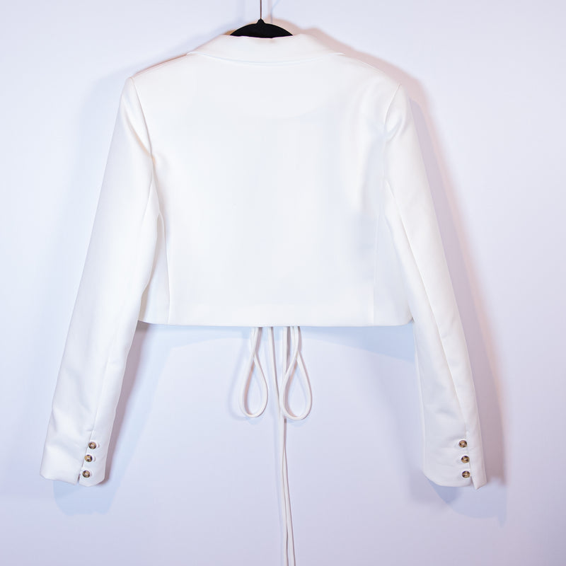 Zara Crepe Structured Open Tie Front Lapel Collar Cropped Blazer Jacket White M