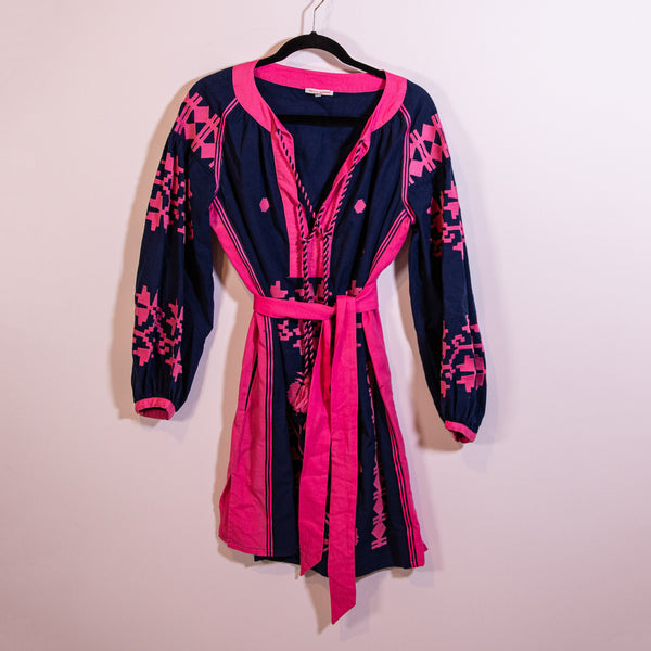 Frances Valentine Stephanie Cotton Linen Pink Blue Embroidered Belt Tunic Dress