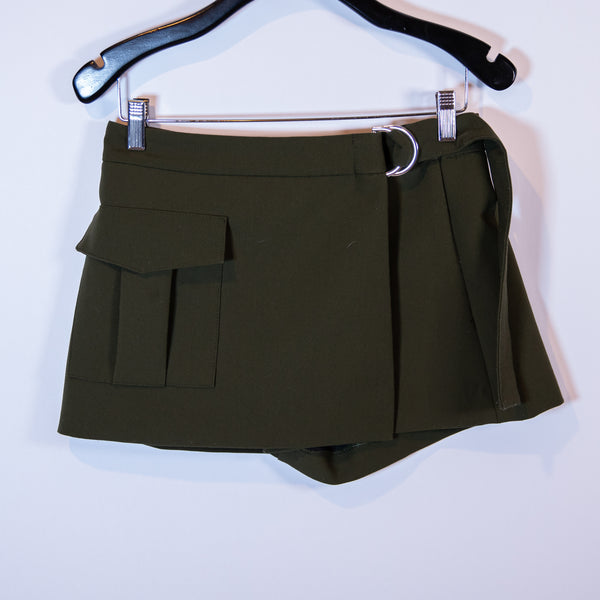 Zara Women's Crepe D Ring Belt Wrap Foldover Pocket Mini Skirt Olive Green Small