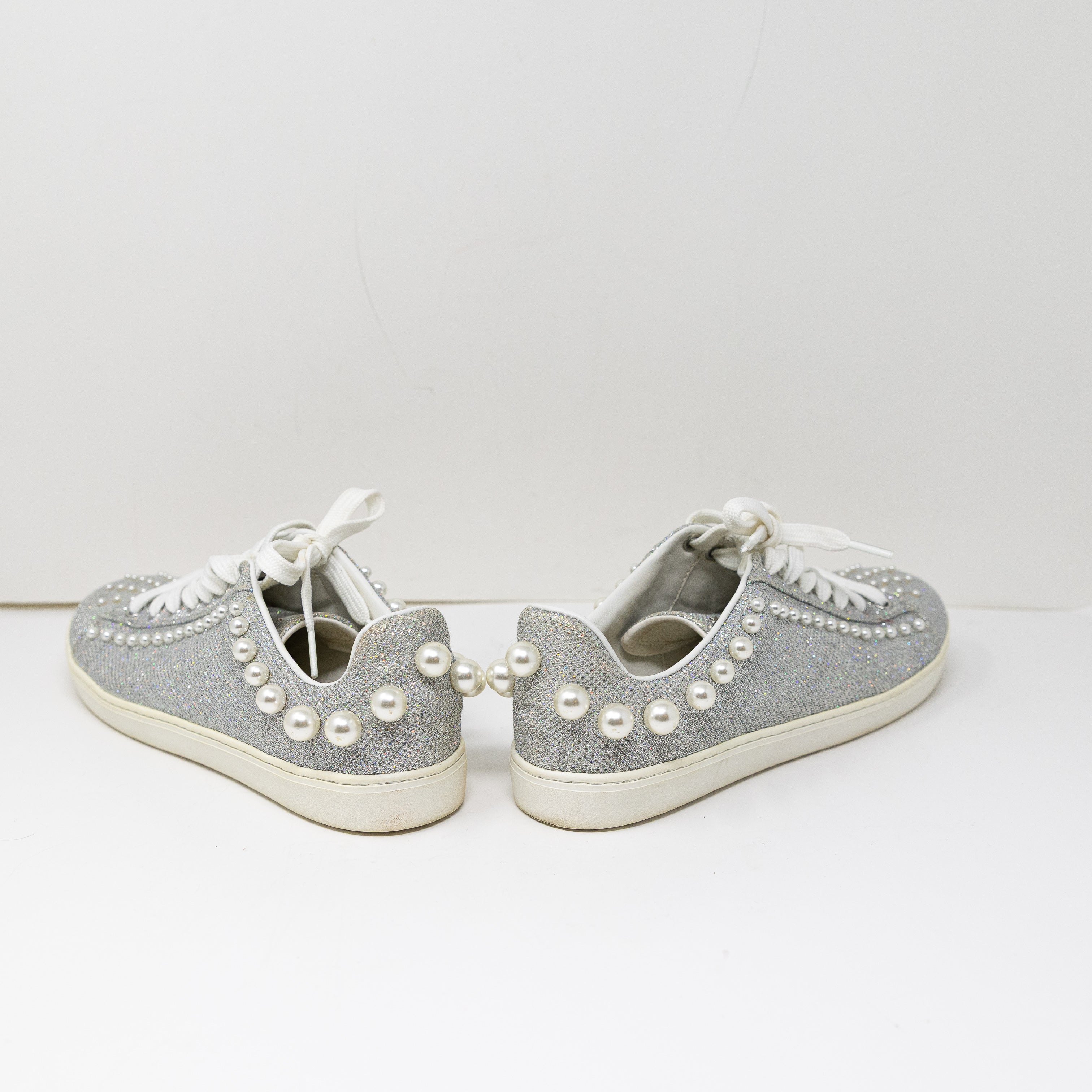 Stuart Weitzman Goldie Velvet Velour Pearl Beaded Embellished Sneakers Silver 9