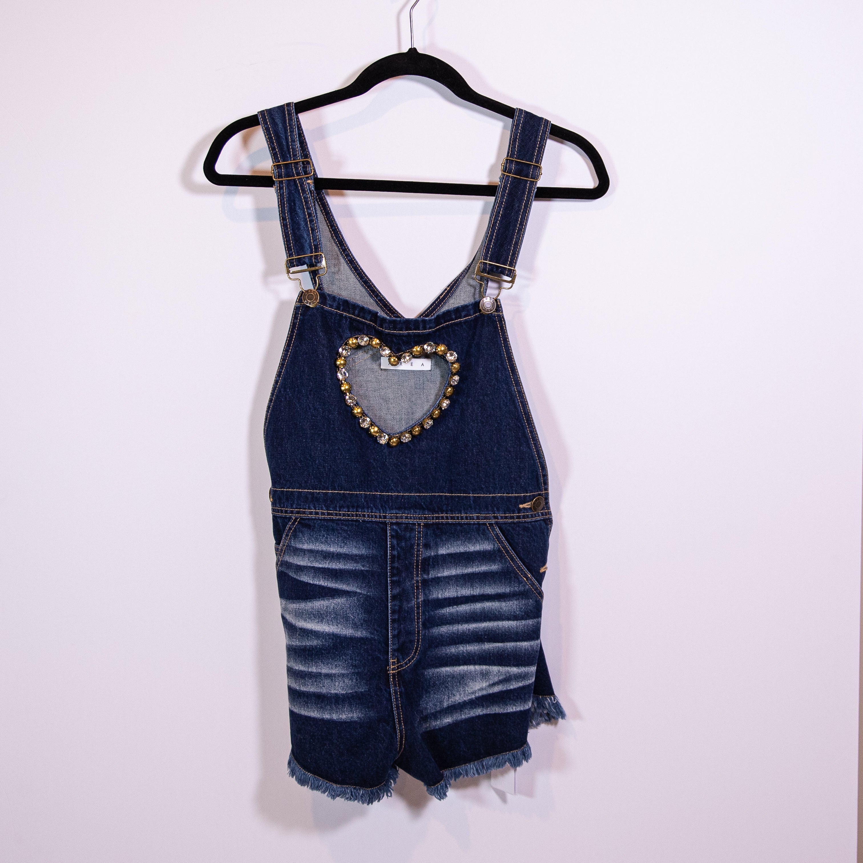 NEW Area Heart Cut Out Crystal Jewel Embellished Denim Jeans Overall Romper 6
