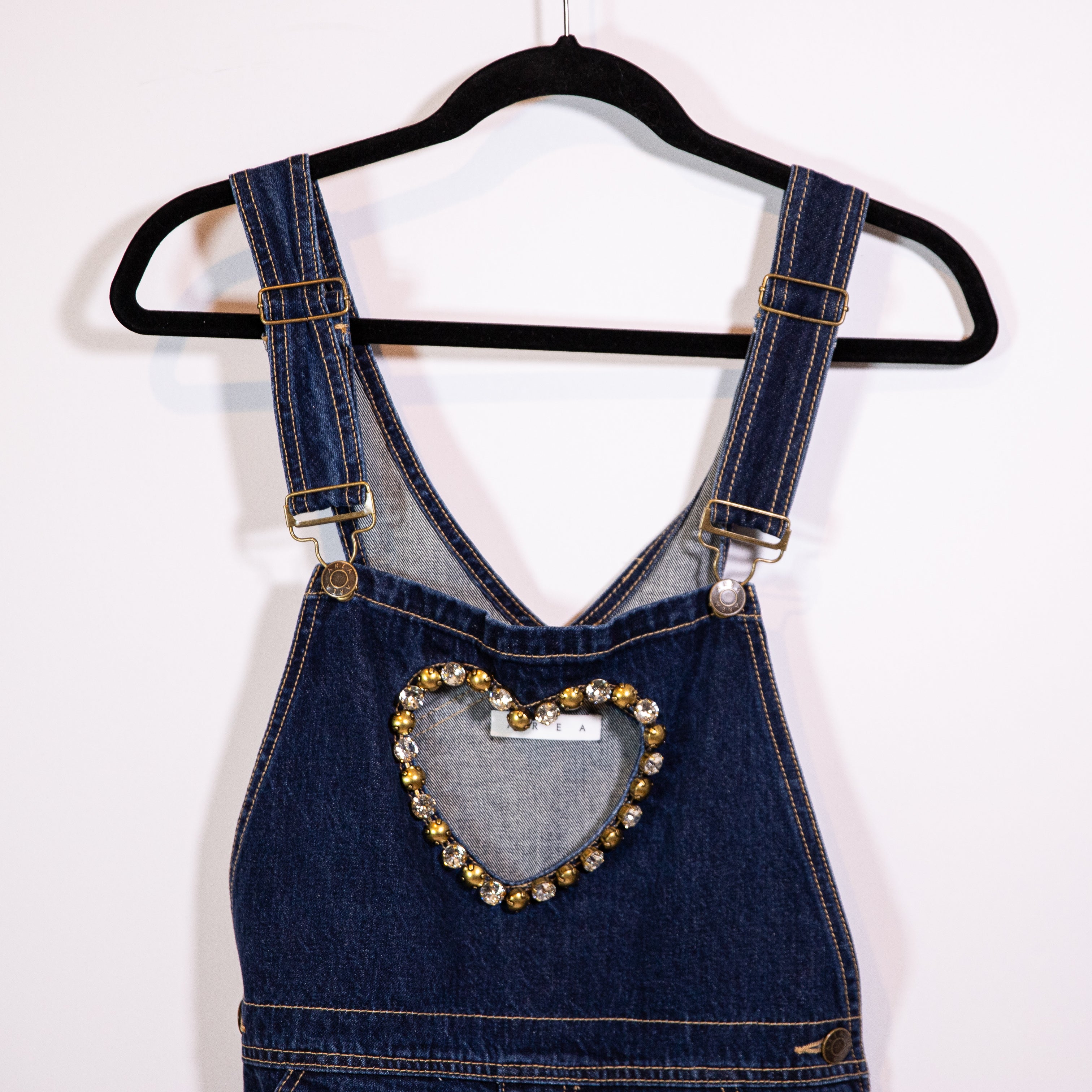 NEW Area Heart Cut Out Crystal Jewel Embellished Denim Jeans Overall Romper 6