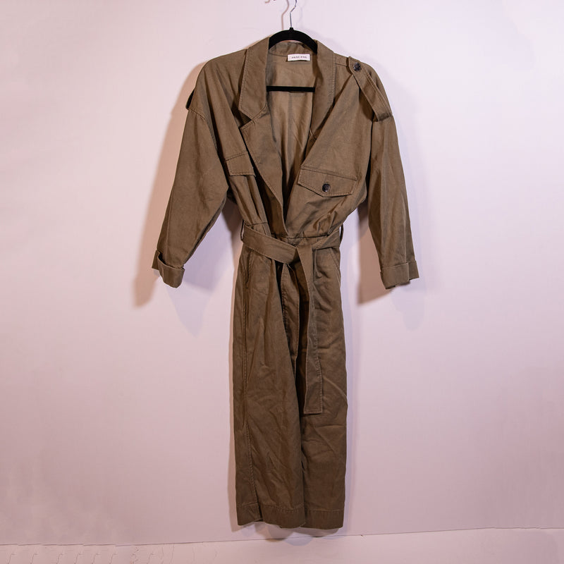 Anine Bing Zelda Tencel Cotton Collared Belted Trench Shirt Dress Jacket Olive M