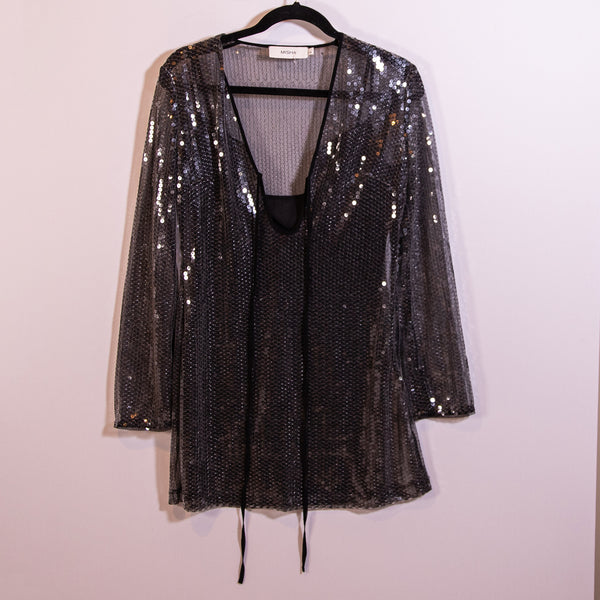 Misha Collection Lexter Long Sleeve Sequin Embellished Party Minidress Silver S
