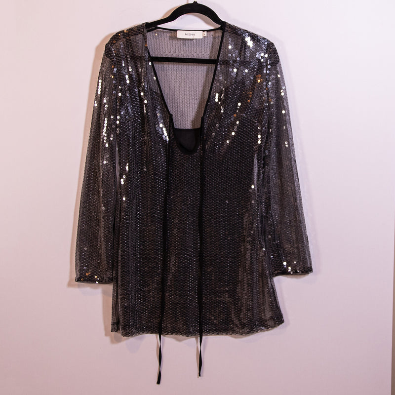 Misha Collection Lexter Long Sleeve Sequin Embellished Party Minidress Silver S