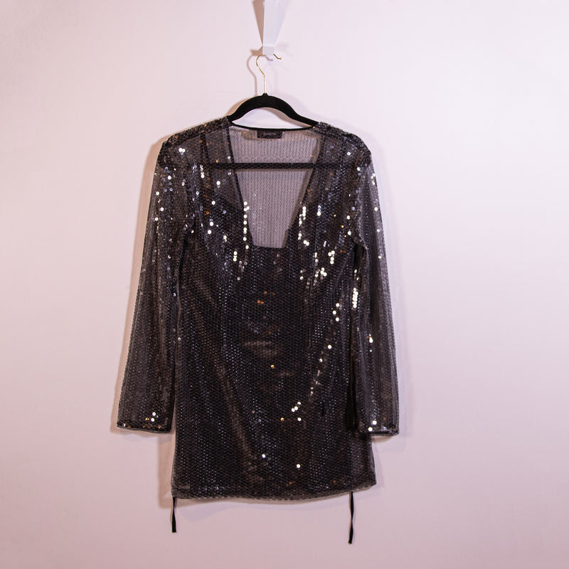 Misha Collection Lexter Long Sleeve Sequin Embellished Party Minidress Silver S