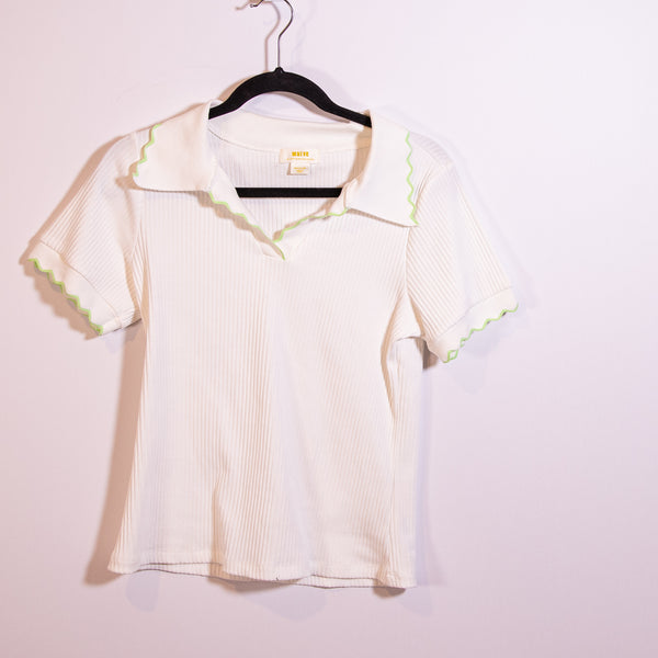Maeve Anthropologie Scalloped Edge Short Sleeve Ribbed Polo Tee Shirt White M