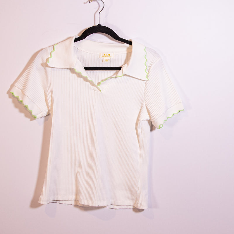 Maeve Anthropologie Scalloped Edge Short Sleeve Ribbed Polo Tee Shirt White M
