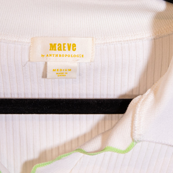 Maeve Anthropologie Scalloped Edge Short Sleeve Ribbed Polo Tee Shirt White M