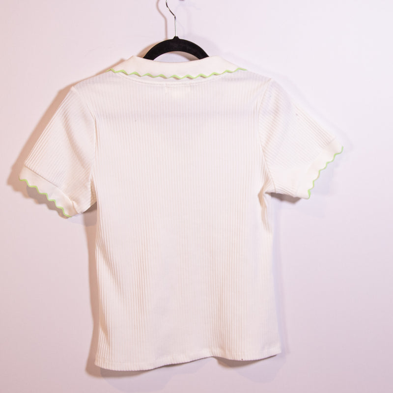 Maeve Anthropologie Scalloped Edge Short Sleeve Ribbed Polo Tee Shirt White M