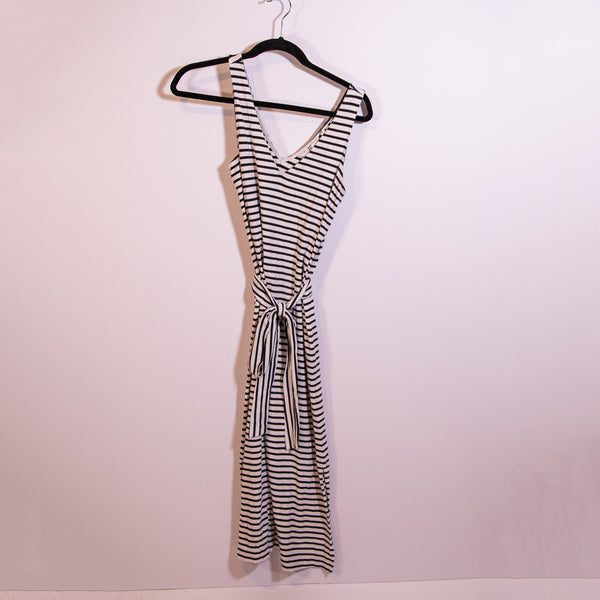 Vineyard Vines Cotton Modal Stretch Belted Tank White Black Stripe Midi Dress XS