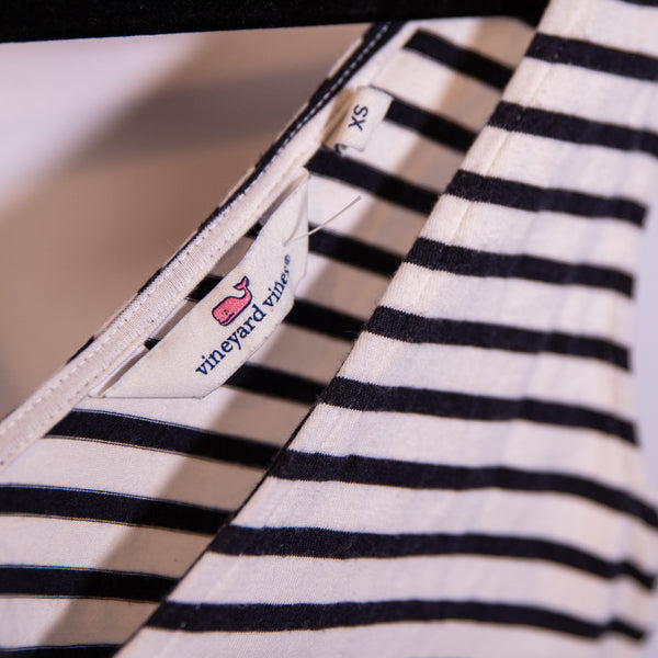 Vineyard Vines Cotton Modal Stretch Belted Tank White Black Stripe Midi Dress XS