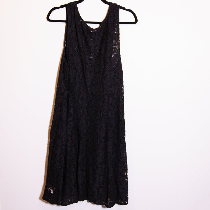 Free People Miles Of Lace Crochet Scoop Neck Sleeveless Trapeze Mini Dress Black