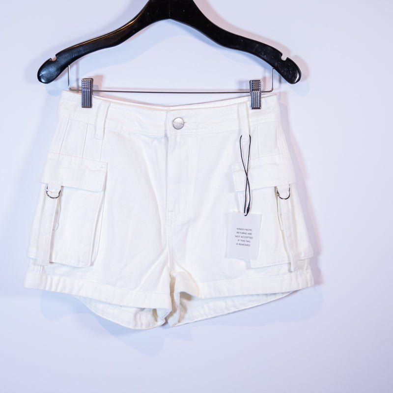 NEW Superdown Janice Cotton High Rise Cargo Pocket Button Mini Shorts White 28