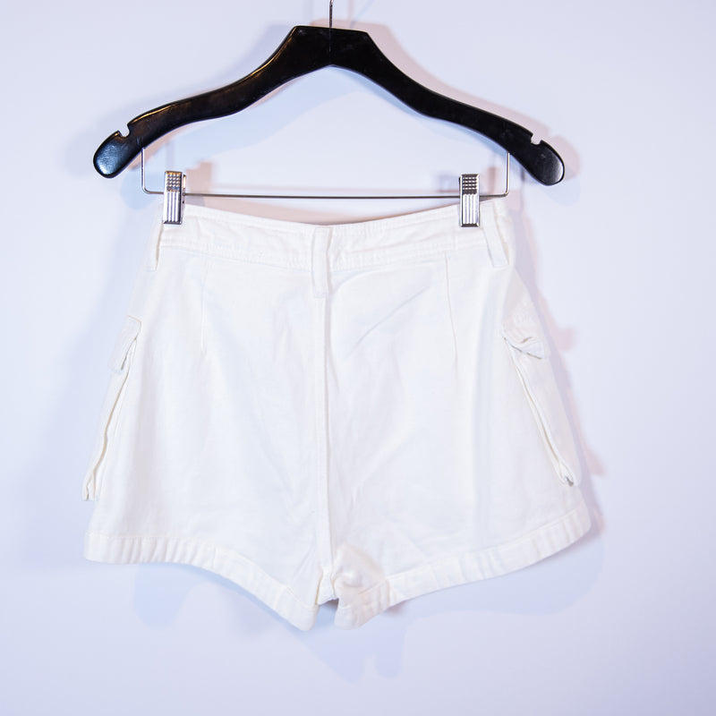 NEW Superdown Janice Cotton High Rise Cargo Pocket Button Mini Shorts White 28