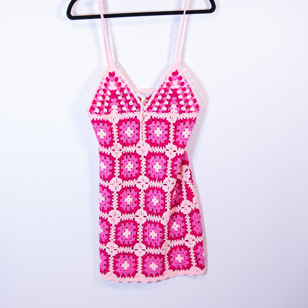More To Come Rosaria Crochet Knit Stretch Semi Sheer Triangle Top Mini Dress S