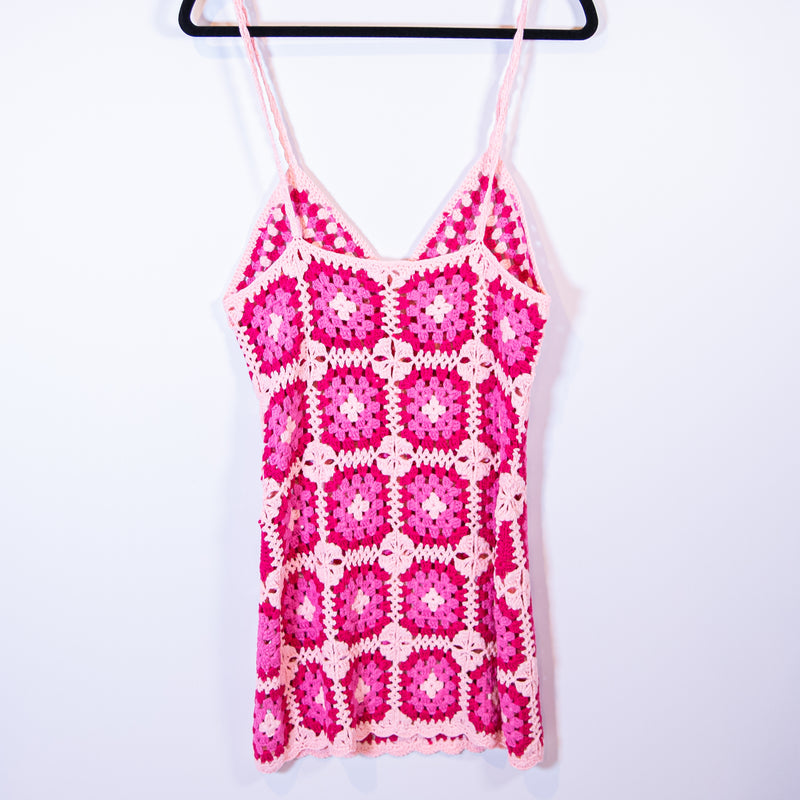 NEW More To Come Rosaria Square Crochet Knit Semi Sheer Tank Mini Dress Pink S