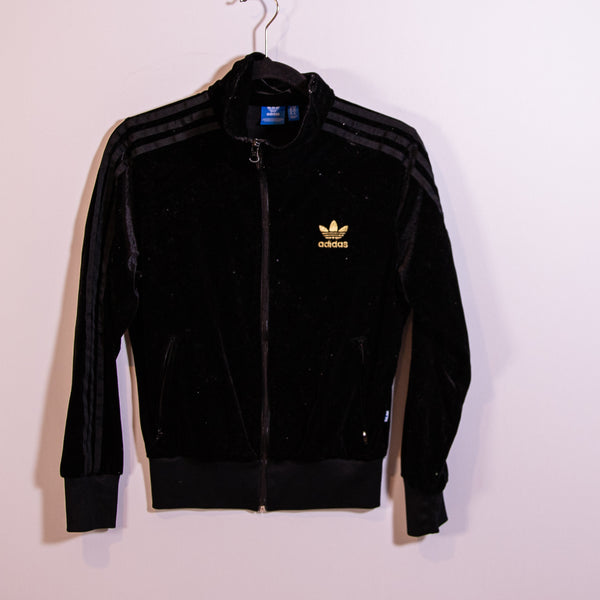 Adidas Women's Velvet Velour Full Zip Black Gold Three Stripe Track Jacket Small